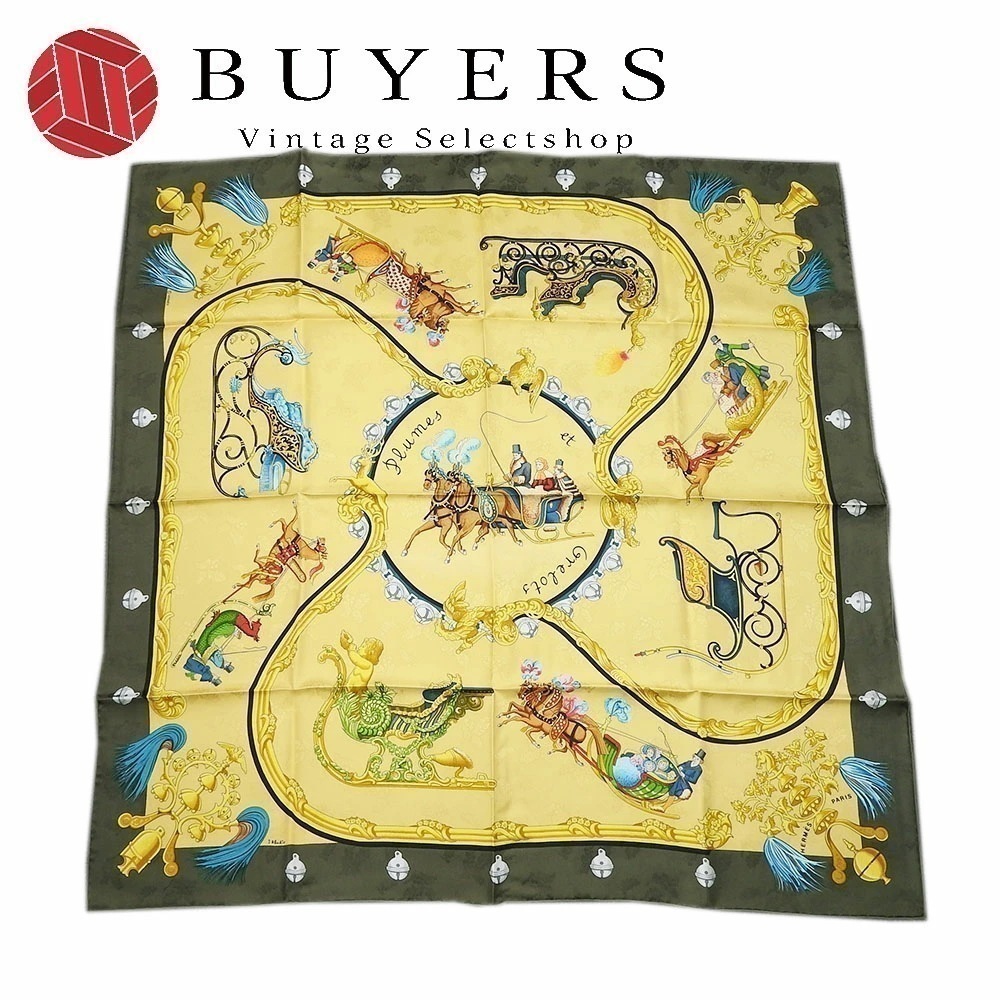 中古 エルメス スカーフ カレ90 シルク100％ Plumes et Grelots 羽飾りと鈴 グリーン ベージュ系 おしゃれ 小物 レディース 女性 HERMES CARRE90 scarf
