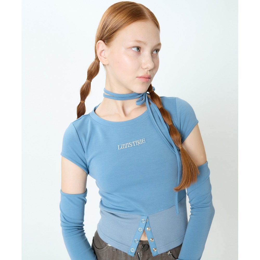 LUV IS TRUE CH ボタンレイヤードTシャツ (ブルー)