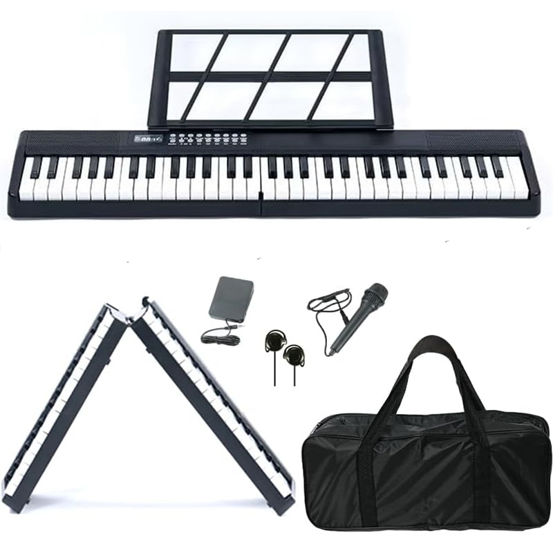 電子ピアノ 2つ折り電子キーボード 61鍵盤 折りたたみ 充電式 MIDI機能 収納バッグ 譜面台付き 軽量 携帯便利 初心者 子供 練習