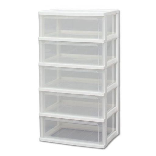 チェスト ワイド 5段 日本製 完成品 幅54×奥行40×高さ102CM ホワイト / クリア 白 プラスチック天板 W-545