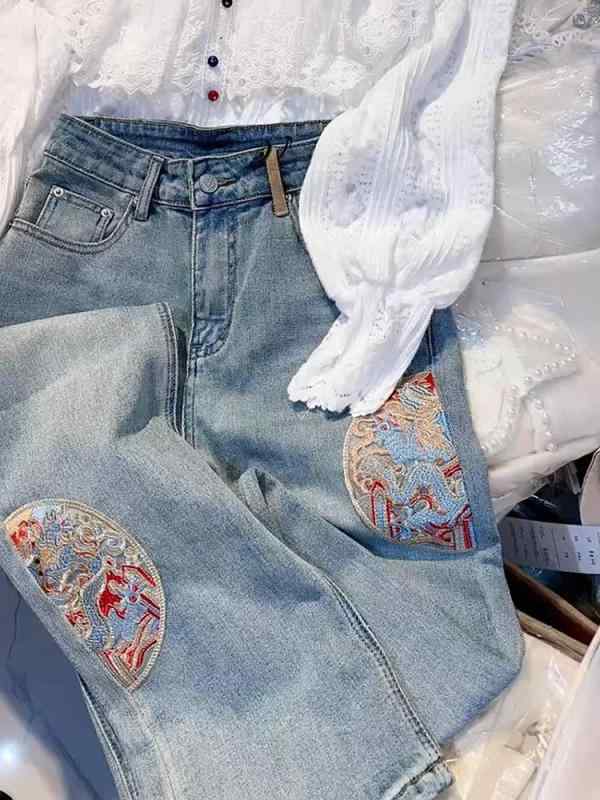 レディース ファッション カジュアル おしゃれ チャイナ風 刺繍 ナロー ジーンズ 早春 ハイウエスト スリム ストレート パンツ カバー