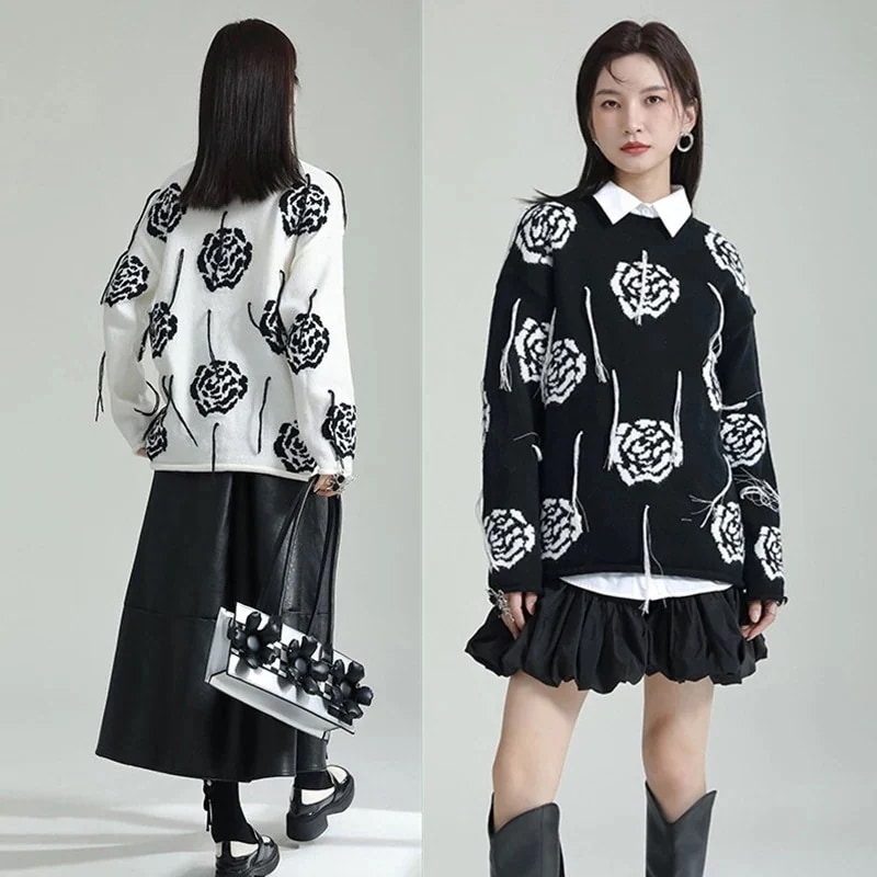 【J.Fashion】 薔薇 今週の割引は 25% オフですセーター 春 ローズ 花柄 ニット 長袖 レトロ ラウンドネック カシミヤタッチ ブラウス メガ割
