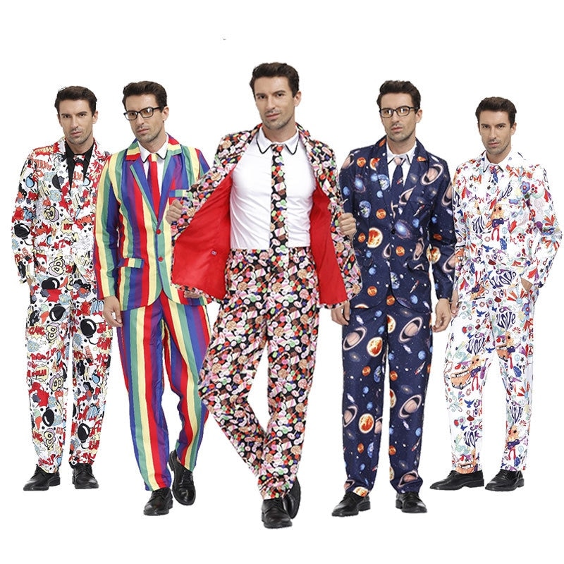 トレンディなメンズナイトクラブホストステージパフォーマンスパーソナライズされたホリデーパーティースーツスーツさまざまなメンズプリントスーツ