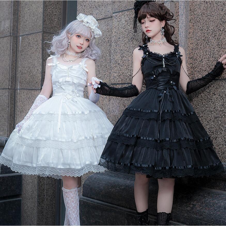 レディース ゴスロリ ワンピース ロリータ ハロウィン リボン 膝丈 ハイウエスト Aライン 暗黒風 ロリィタファッション ノースリーブ フリル ロリータワンピース