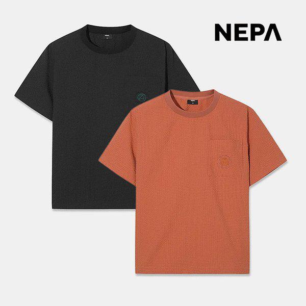 男女兼用シアサッカー半袖ラウンドTシャツ夏織りポケット縮み半袖Tシャツ7MD5367