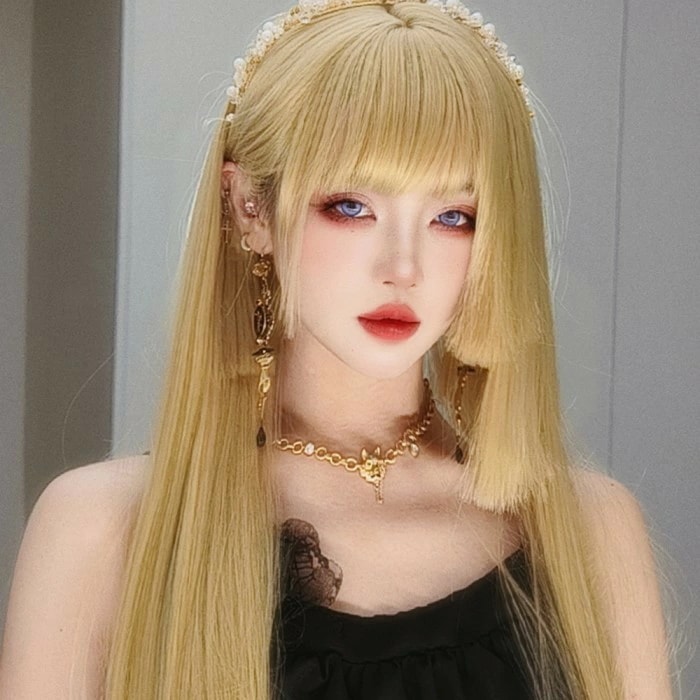 姫カット 中世の貴族風 ストレート ゴールド 金髪 フルウィッグ かつら 女性 長髪 ロングウィッグ ロングヘア ロリータ lolita 前髪あり 自然 可愛い wig コスプレ 耐熱ウィッグ 小顔効