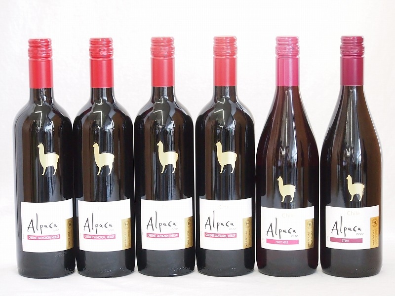 チリ産ワインアルパカ6本セット(赤ピノノワール(ミディアムボディ) 赤シラー(フルボディ) 赤カル