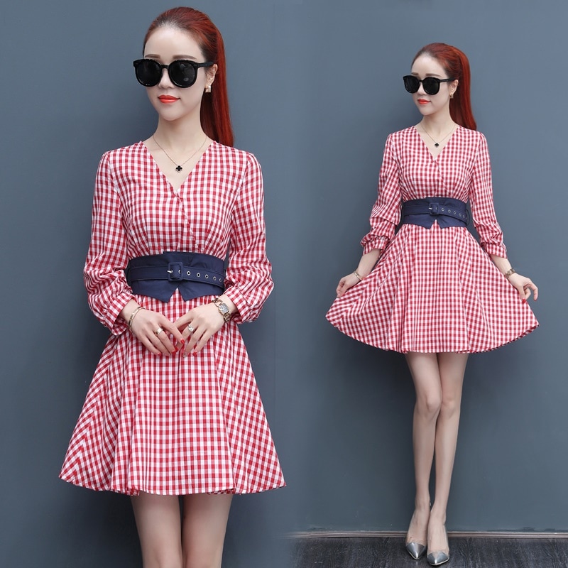 1007.Vネックチェック柄ワンピース（レッド）