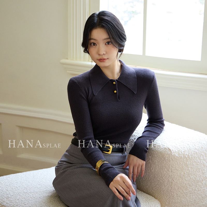 Hanna の秋冬女性用ラペルベースレイヤーアウターウェア用の新しいスリムフィット抗ピリングセーター 17002