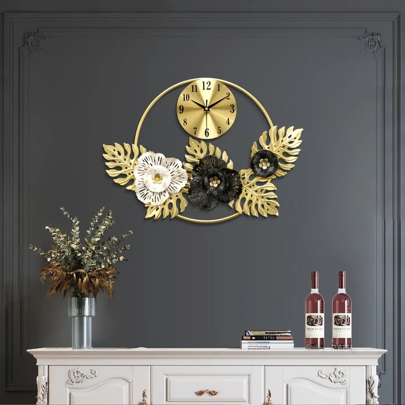 掛け時計 エレガント 花 葉 装飾 静音 アナログ おしゃれ かわいい インテリア 北欧 壁掛け 時計 ウォール クロック リビング 4-7