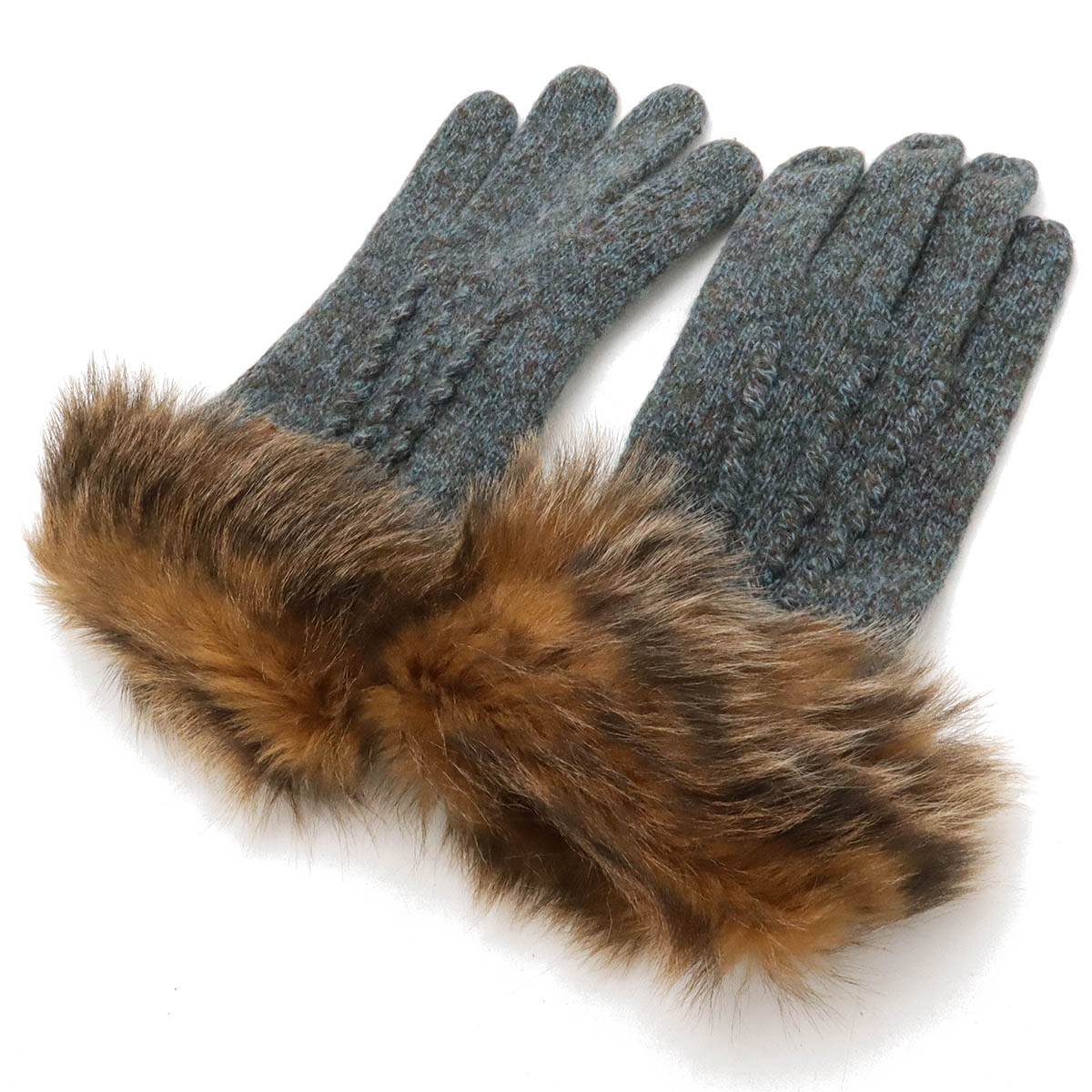 グローブ 手袋 ウール レザー ファー ブルーグレー系 ブラウ