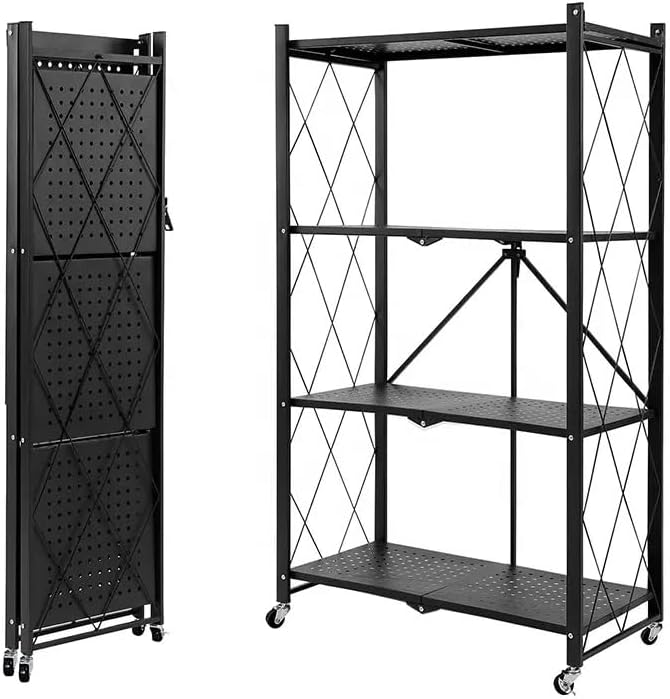 折りたたみ式金属棚3段幅70cmキャスター付き360可動取り付け不要（黒3段）