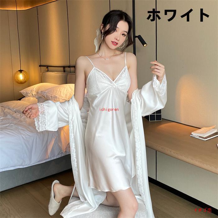シルク風パジャマ 韓国ファション ウェア ナイトウェア 2点セット キャミワンピース ナイトガウン 心地よい ひんやり 春夏 秋 ｖネック レース