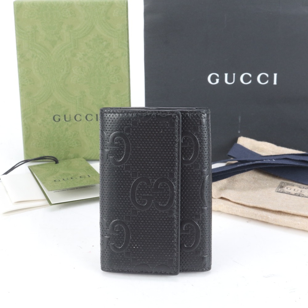 極美品 商品カード付 GGエンボス 625565-1147 レザー キーケース 4連 6連 キーリング 本革 ブラック 黒 メンズ EUM CP20-4 中古