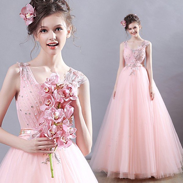 ロングドレス パーティードレス 安い カラードレス ピンク イブニングドレス 演奏会 花嫁 フォーマ