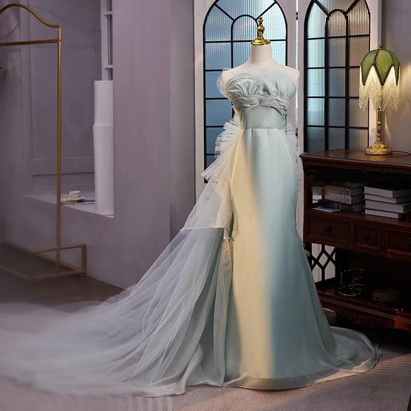 カラードレス ロングドレス ソフトマーメイドドレス グリーン 結婚式 二次会 前撮り コサージュ トレーン ドレスウェディングドレス ウエディングドレス 前撮り イブニングドレス パーティードレス ス