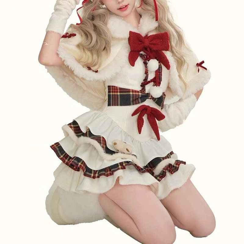 ロリータかわいいクリスマスと新年の衣装セット女性用秋と冬ほつれたケープふわふわケーキスカートツーピースセット