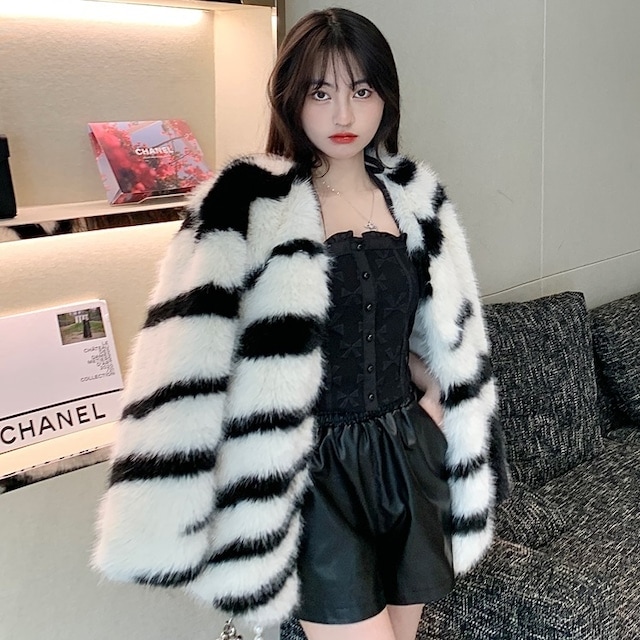 レディース ゼブラ Vネック ファー コート アウター ジャケット こもこも ふわふわ バイカラー