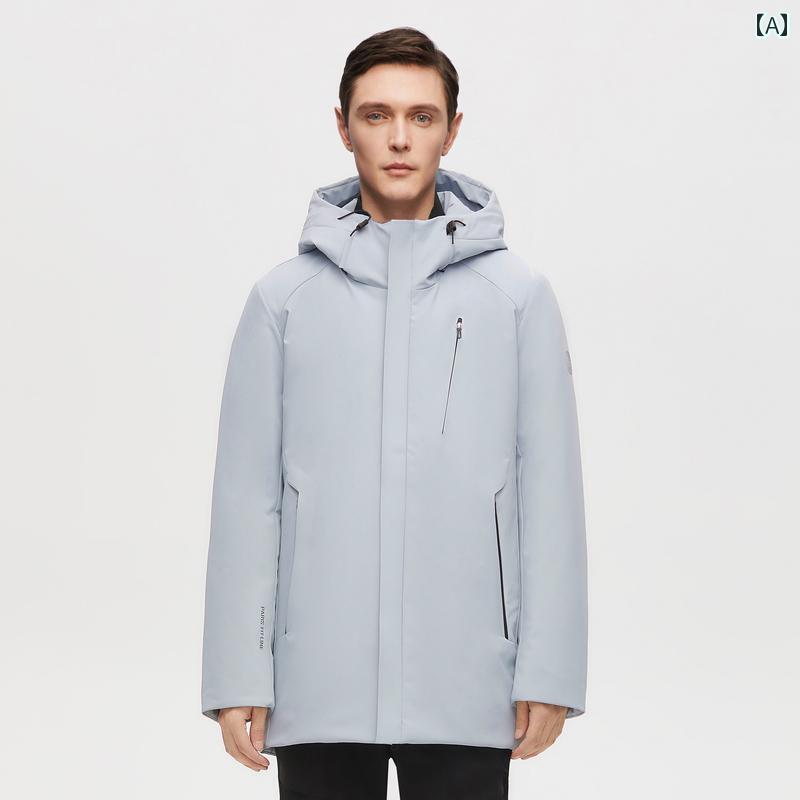 ダウンジャケット メンズ ロング アウター 防寒 おしゃれ ビジネス フード 暖かい 丈 ホワイト ブルー ブラック