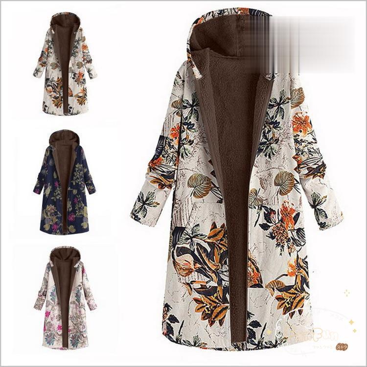 レディース コート ボアコート ロングコート 裏起毛 秋 花柄 暖かい ゆったり 防寒 アウター フード付き