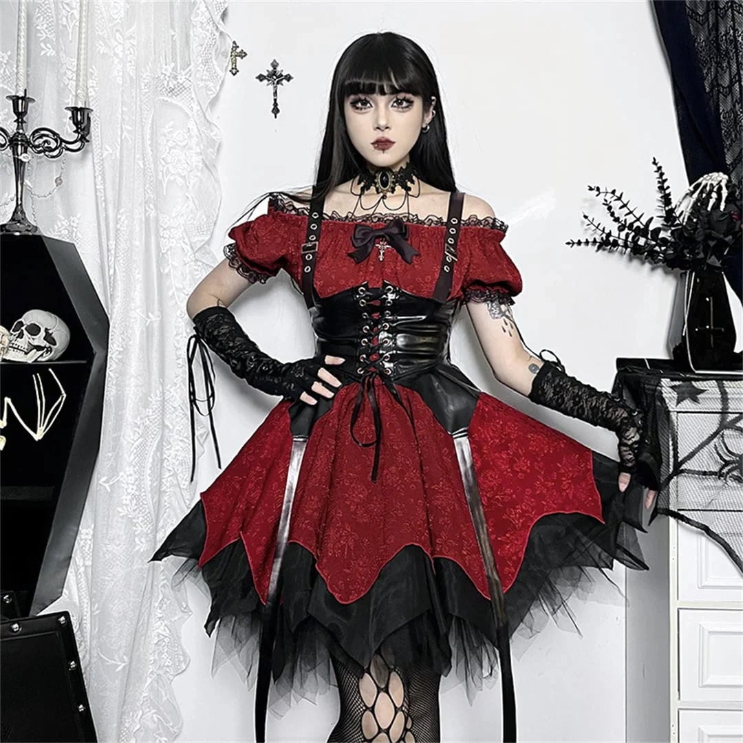 ハロウィン 今年 短纳期 ワンピース+ベスト 膝上 レッド+ブラック S M L ワンピース