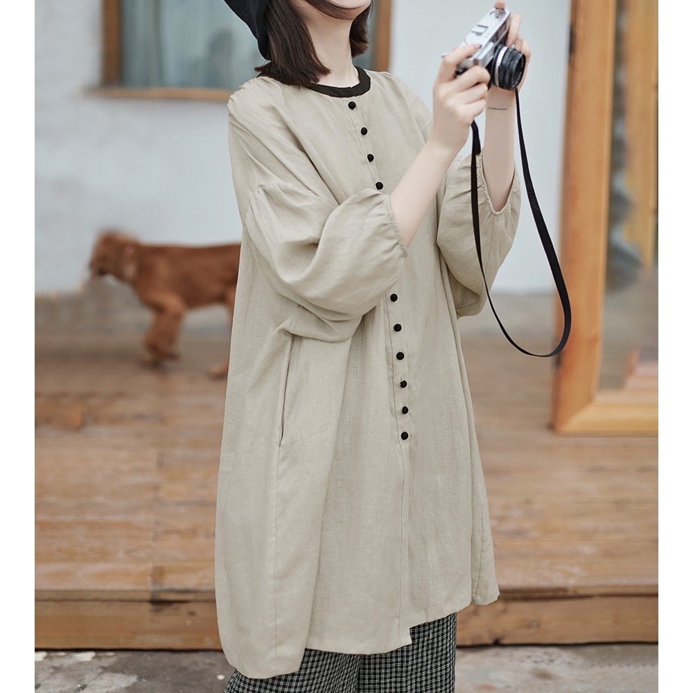 ゆったり リネン トップス ジャケット トップス ミドル丈 7分袖 スタンドカラー ストレート かわいい 可愛い きれいめ シンプル カジュアル おしゃれ お洒落 ラフ 無地 麻 春 秋
