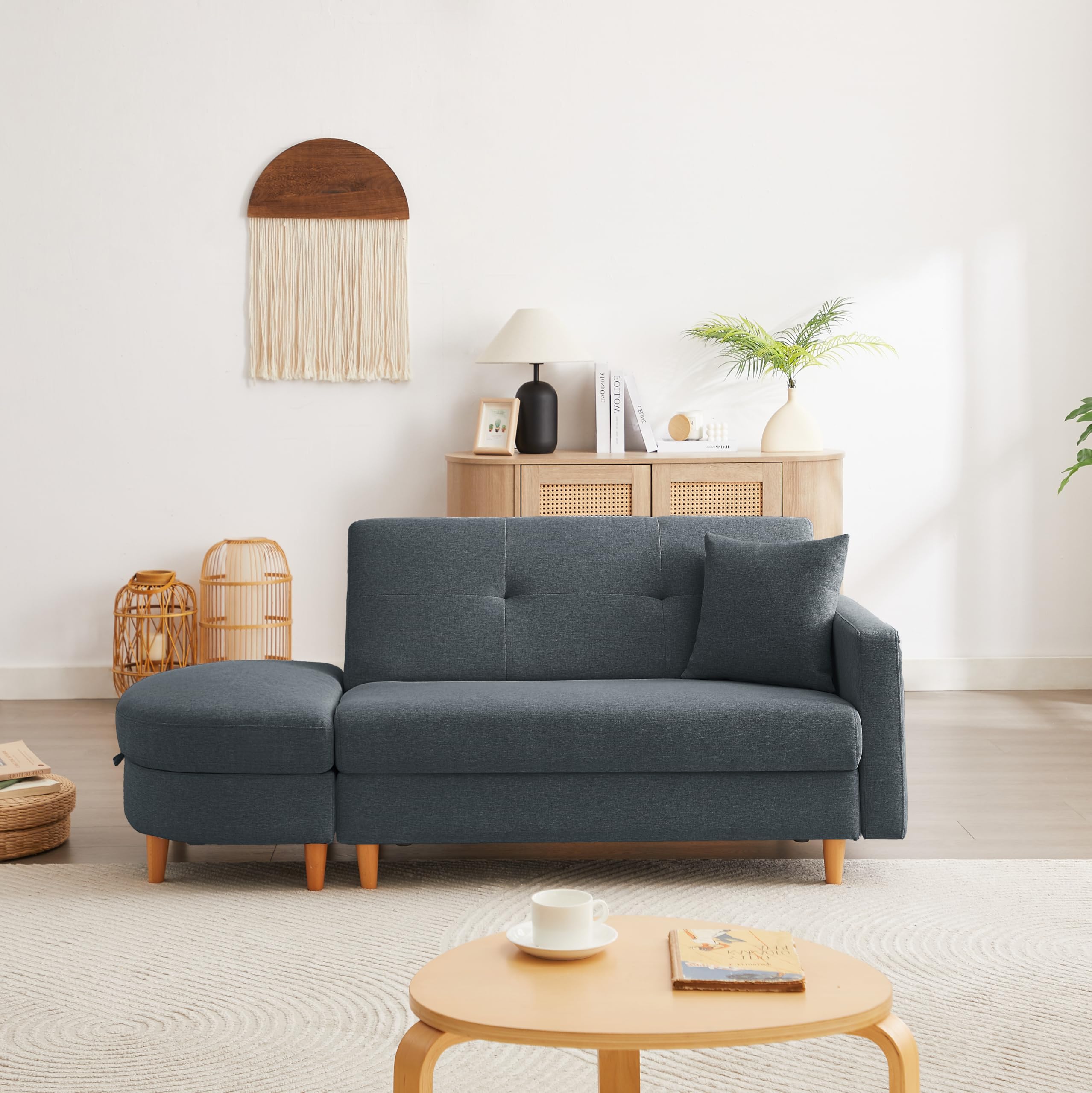 ソファベッド 2人掛け カウチソファ オットマン付き 収納付き 多機能 レイアウト自由 天然木脚 ローソファ クッション1個付属 (Blue Gray)