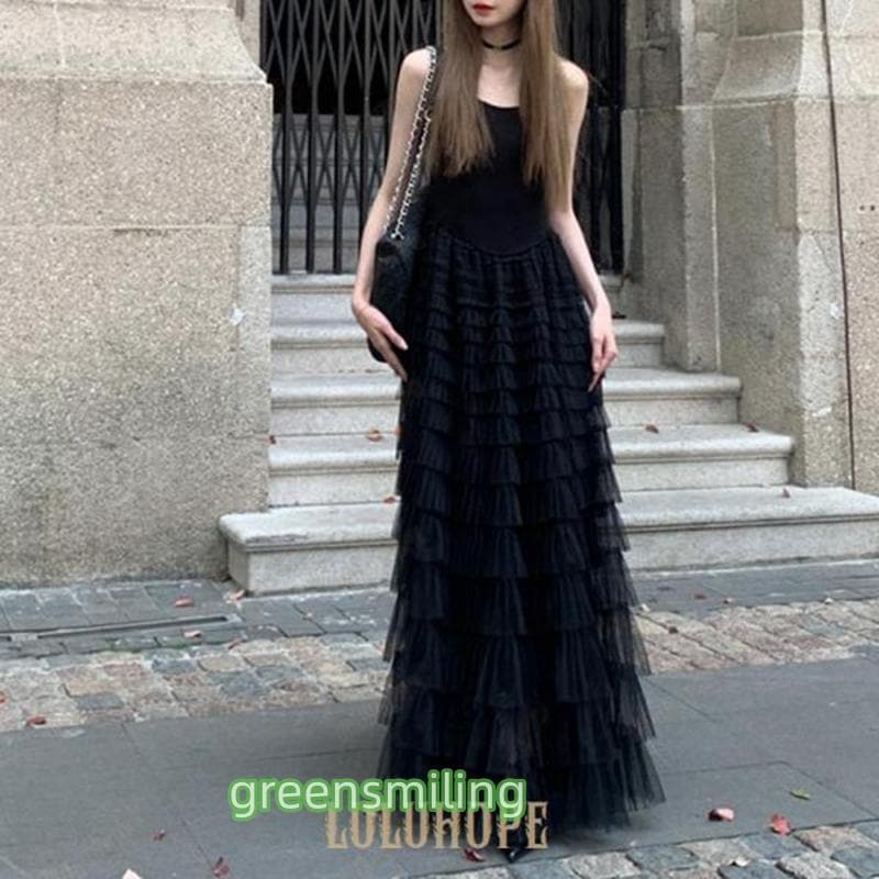 チュール ワンピース レディース 春 夏 ノースリーブ キャミソール マキシワンピース きれいめ おしゃれ 黒 透け感