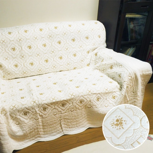 刺繍キルト マルチカバー/ソファーカバー (200cm×200cm) ホワイト×ゴールド 綿100％ (リビング ダイニング)