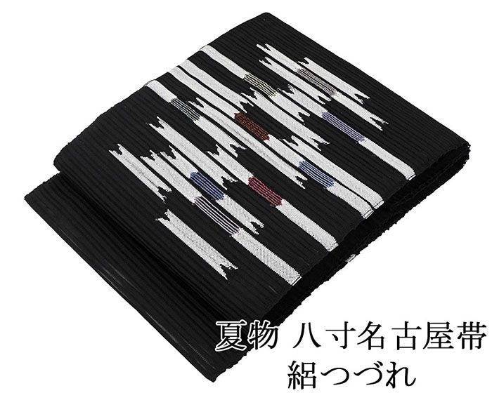 夏帯 名古屋帯 絽綴れ 正絹 新品 仕立て上がり 黒 横段 幾何 夏八寸帯 八寸 夏用 夏物 絽つづれ y2956