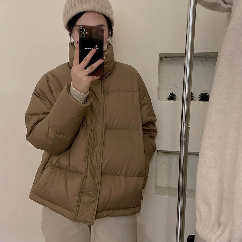 韓国2025年新作ダウンジャケット（レディース）韓国風ゆったり厚手暖かいホワイトダックダウンスタンドカラーパファージャケットショートコート