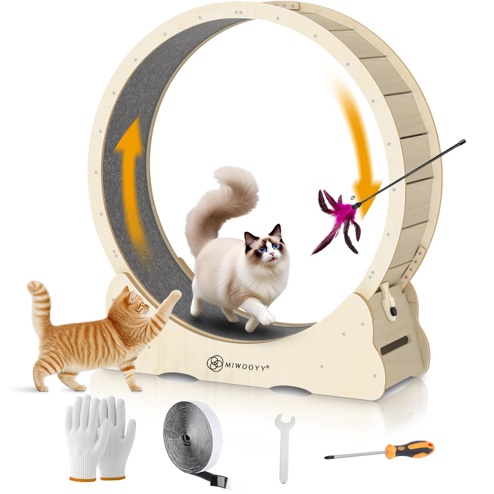 MIWOOYY キャットホイール 大型猫 回し車 100cm - 屋内猫用の天然無垢材の猫ルームランナーロックと最小限の隙間設計を備えた安全猫 ランニングマシン