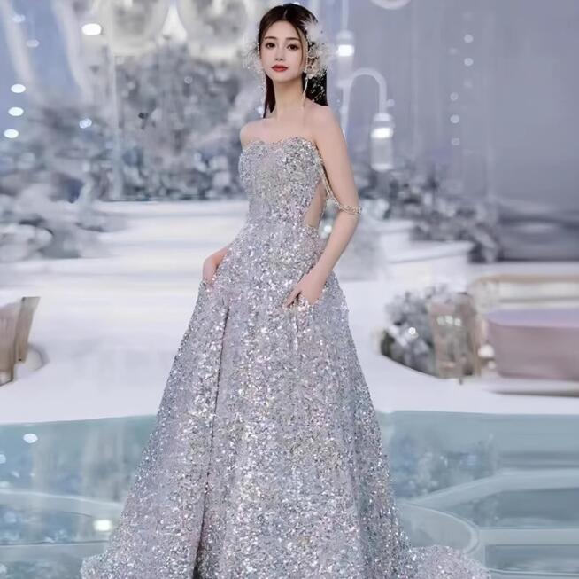 希少アイテムお洒落 パーティードレス ウェディング レディースドレス ロングドレス Aライン エレガント 上品 スパンコール オフショルダー チューブトップ 新着 着痩せ 花嫁 グレー お呼ばれ 結婚