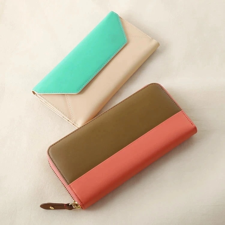 長財布 本革 バイカラー レディース 【ネコポスで送料無料】フランス製 レザー ゴールド 金具 ラウンドファスナー/かぶせ 牛革 シンプル 薄型 母の日 ギフト プレゼント (07000106-1r)