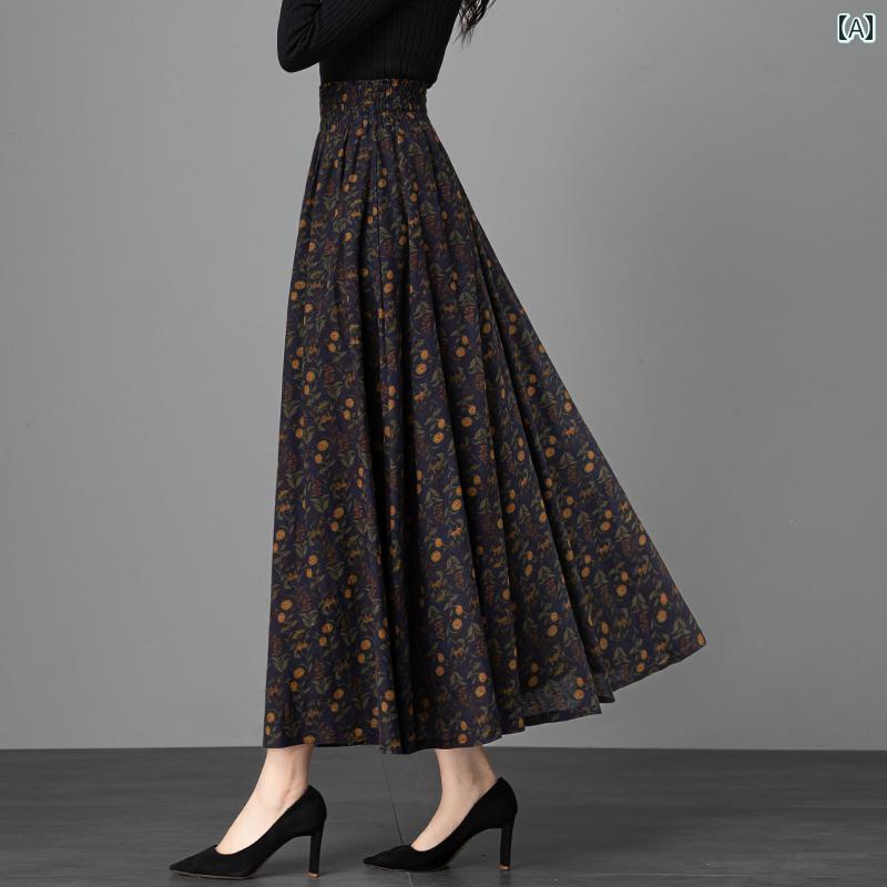 スカート　レディース　花柄 春秋 レトロ 花柄 コットンリネン スカート レディース スリム ビッグ スイング ハイウエスト aライン ダンス ロング