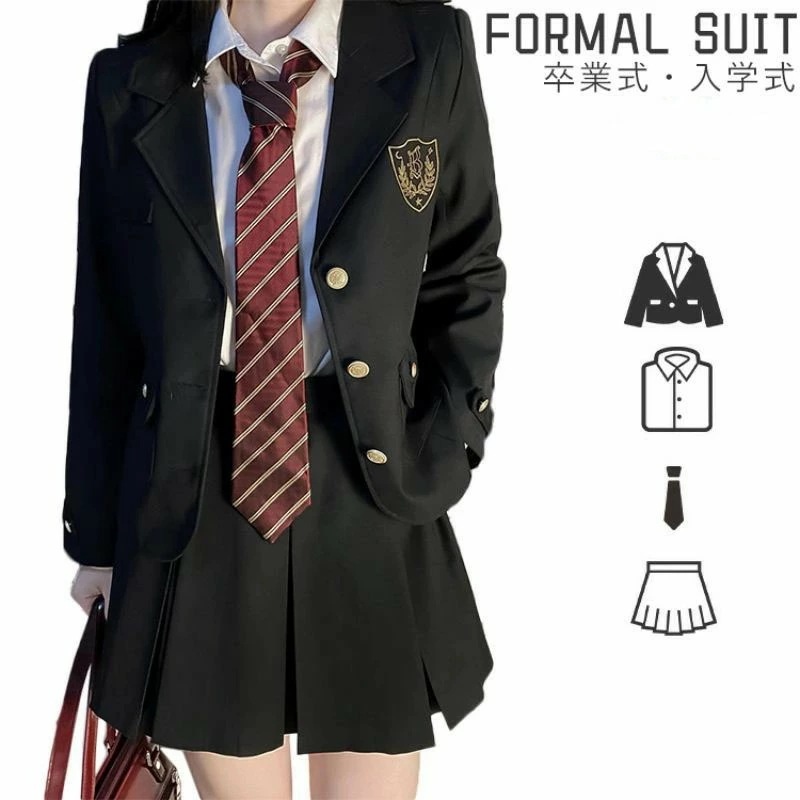 新入庫 卒業式 スーツ 女の子 卒服 韓国 高校生 制服 黒 入学式 スーツ 中学生 学生服 小学生 可愛い フォーマ ルスーツ 大きいサイズ 中高生 女子 4点セット ジャケット 白シャツ ネクタイ