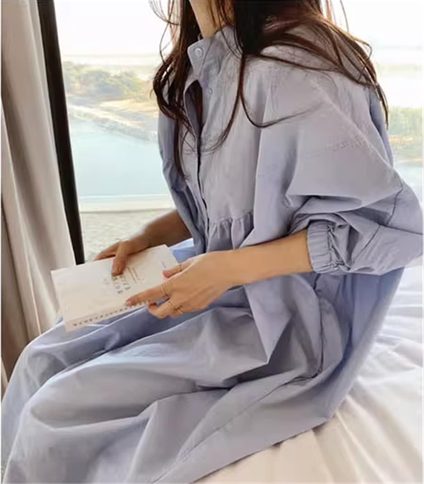 ワンピース シャツワンピース ロング丈 Aライン 7分袖 ランタンスリーブ Vネック スタンドカラー 大人可愛い シンプル カジュアル 大人女子 こなれ感 ラフ 春 夏 10代 20代 30代 6,462円