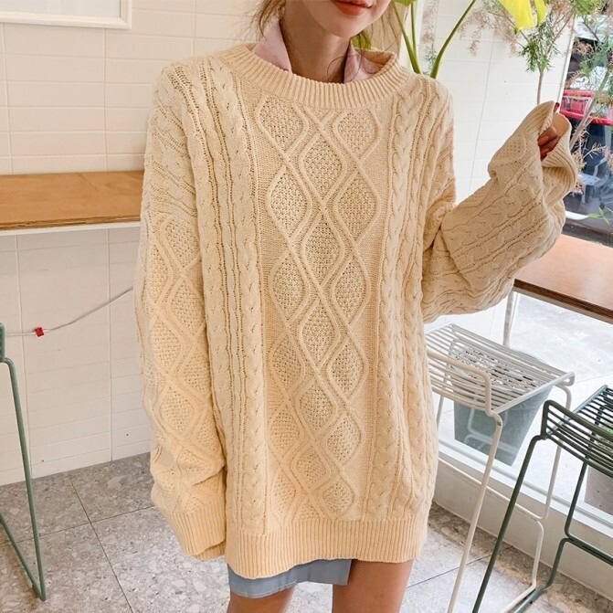 トップス ワンピース ニットソー セーター プルオーバー ロング ロング丈 袖あり 長袖 萌袖 ラウンドネック 襟なし ワイド 2way ケーブルニット 厚手 かわいい 大人可愛い きれいめ