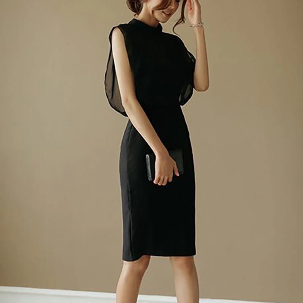 シフォンドッキングワンピース ワンピース ワンピドレス 膝丈 ひざ丈 袖なし ノースリーブ ラウンドネック ハイネック タイト 細身 ストレート Iライン シフォン 透け感 シースルー ポリエステル