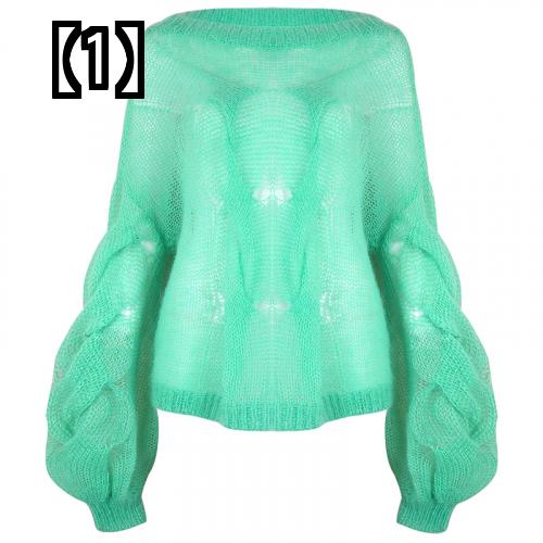 ニット レディース 薄手 重ね着 韓国 おしゃれ パフスリーブ オフショルダー オレンジ グリーン