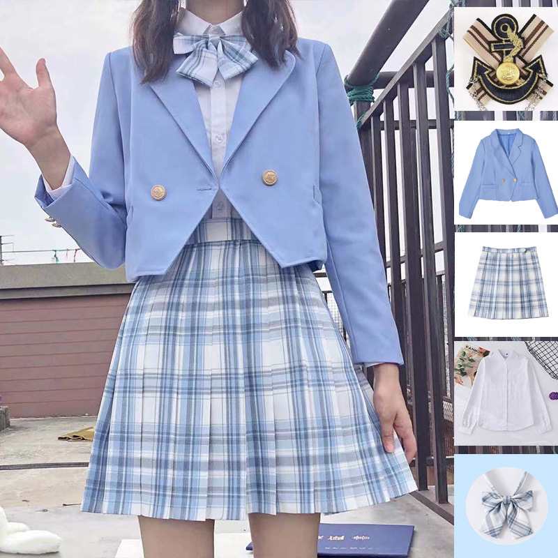 5点セット(ネイビーブレザー+スカート+リボン+ブラウス+バッチ) 卒業式入学式定番ブレザー制服スクール ジャケットイベントチェックスカート就職活動面接アウターコート 卒業式