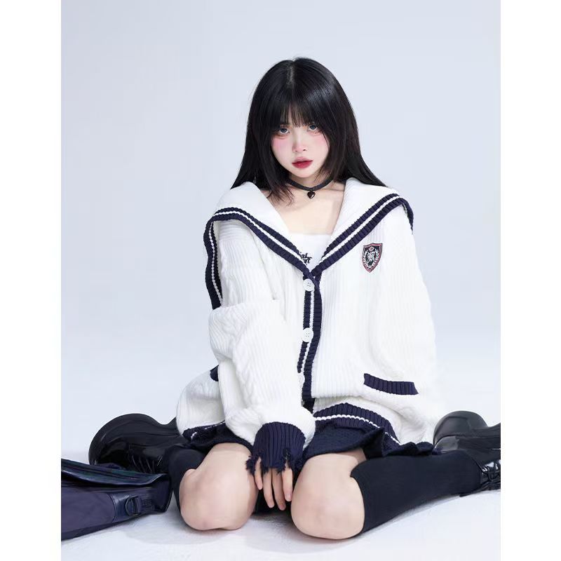 11SH97 正規品ネイビーカラーネック レディースセーター 2026 春新作 カーディガン ルーズフィット ノースリーブレス プレゼント