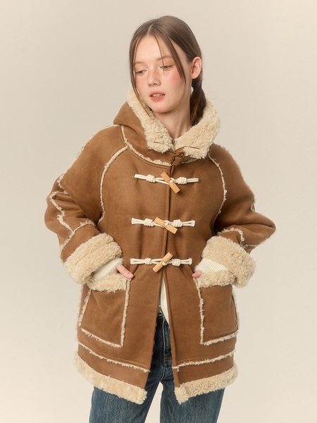 LOLOL 2024 ピンクスエードフード付きホーンボタン毛皮ワンピースラムウールジャケット女性の綿の服厚い冬