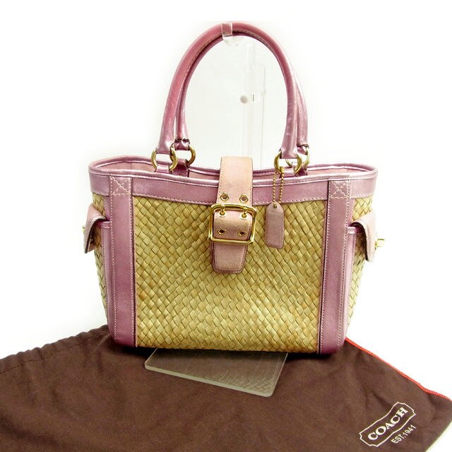 ハンドバッグ カゴバッグ ベルトデザイン レザータグ付き ナチュラル メタリックピンク ゴールド 中古