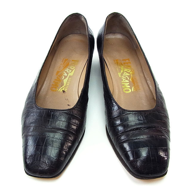 パンプス シューズ 靴 クロコダイル調 5ハーフC スクエアトゥ ダークブラウン 中古
