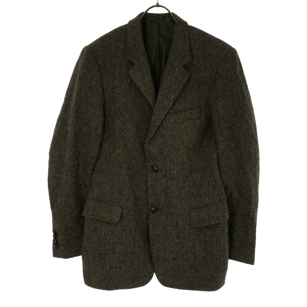 ウール100% オールド ツイード柄 テーラードジャケット L グリーン系 肩パット入り 裏地付き メンズ