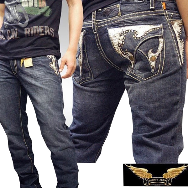 ロビンズジーン メンズ デニム ストレート パンツ ROBIN S JEAN DOUBLE FLAP ARABESQUE スワロフスキー DARK 145 safari サファリ LEON レオン