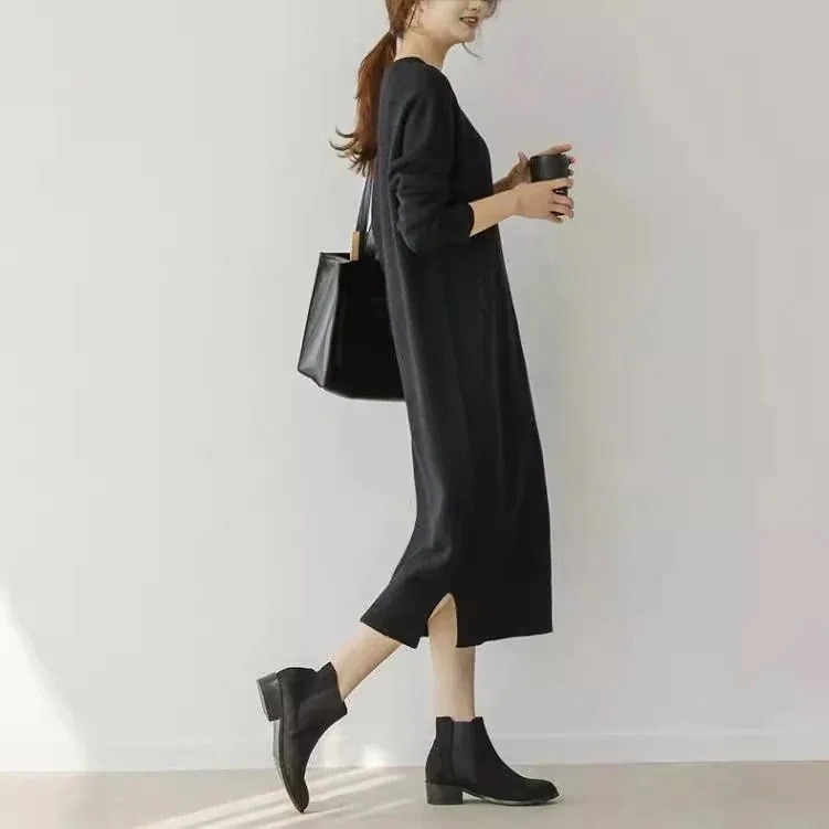 ワンピースドレスニットワンピ2025春新 ニットワンピース/チュニック/長袖/セミロングセーター/ゆったり怠惰な風/高級感/レディース/ロングワンピース/膝丈ワンピース/冬丸ネックカジュアルシンプ