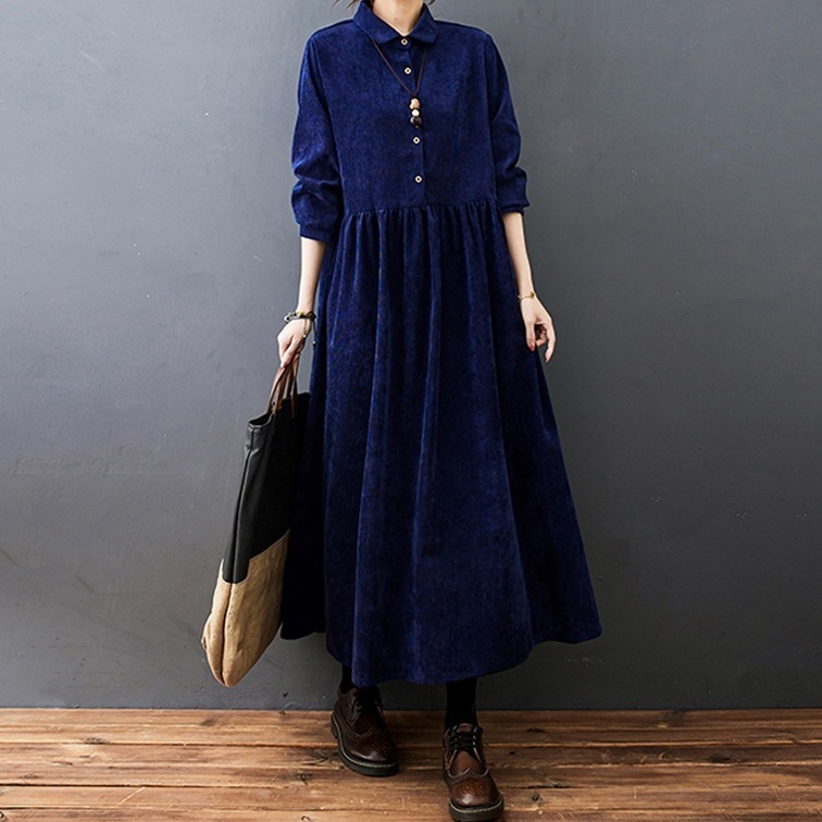 【上品なシルエット】 森ガール コーデュロイ 折襟 カジュアルワンピース 秋 冬 レディース