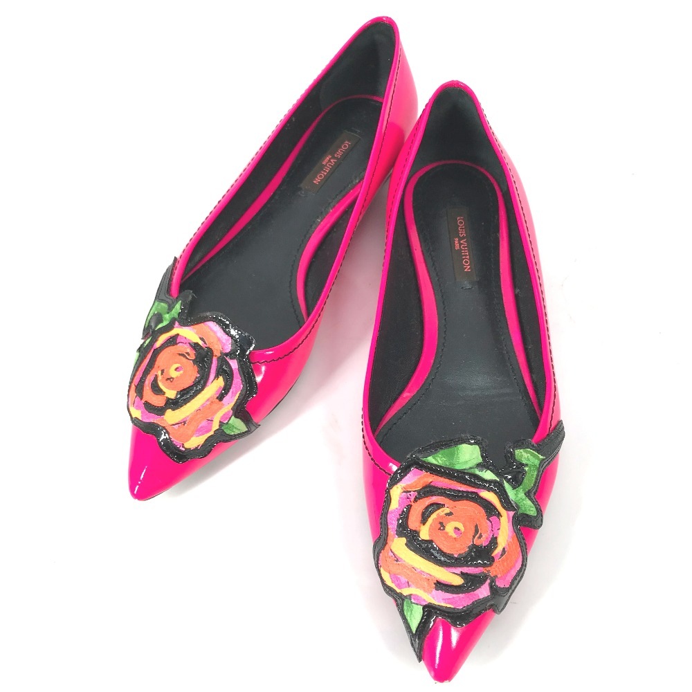 パンプス ローズ バラ 薔薇 グラフィティ フラットシューズ 靴 レザー ピンク